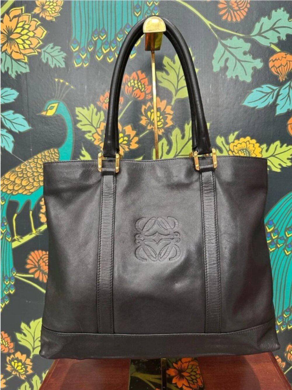 Loewe Vintage Black Calfskin Anagram Shopper Tote Made in Spain